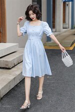 韩版气质格纹方领泡泡袖连衣裙，女装连衣裙，韩蔻秀