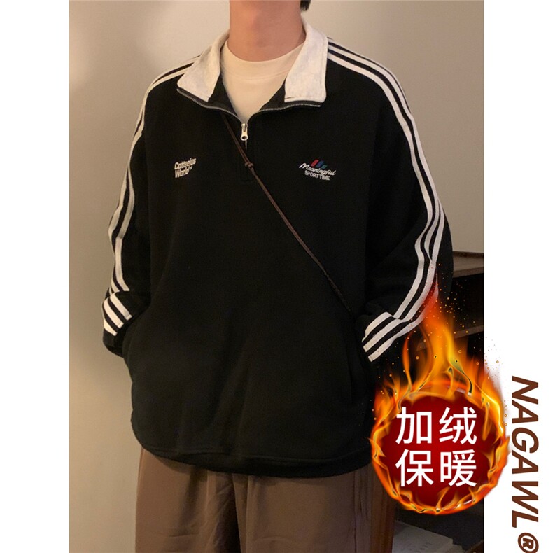 加绒款撞色刺绣立领开衫卫衣宽松情侣休闲夹克外套条纹美式WR50图片
