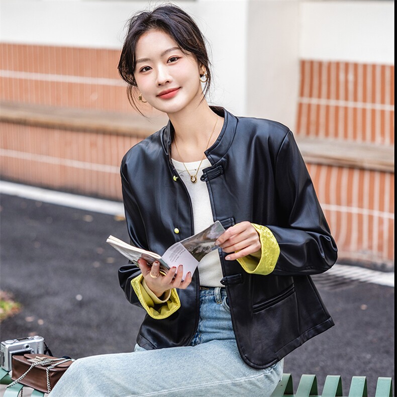新中式国风盘扣皮衣外套女2025春秋季新款高级感独特超好看皮夹克,女装短外套,美静678