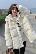 韩版短款连帽米白色羽绒服女2025冬季新款收腰显瘦保暖白鸭绒外套，女装羽绒服，蝶眷