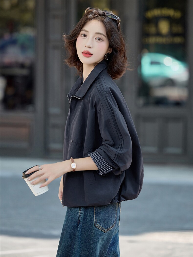 极简风休闲气质短款外套女2025春秋新款时尚宽松百搭拉链夹克上衣,女装短外套,米莱