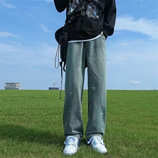 秋冬季潮牌牛仔裤男四芒星设计感做旧复古水洗松紧微喇裤子，男装牛仔裤，星座410-6（原星座1304-1）