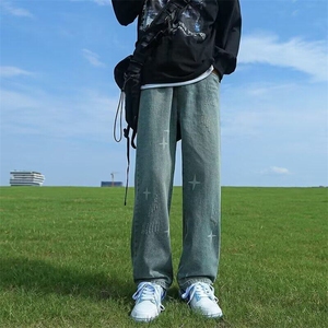 秋冬季潮牌牛仔裤男四芒星设计感做旧复古水洗松紧微喇裤子图片