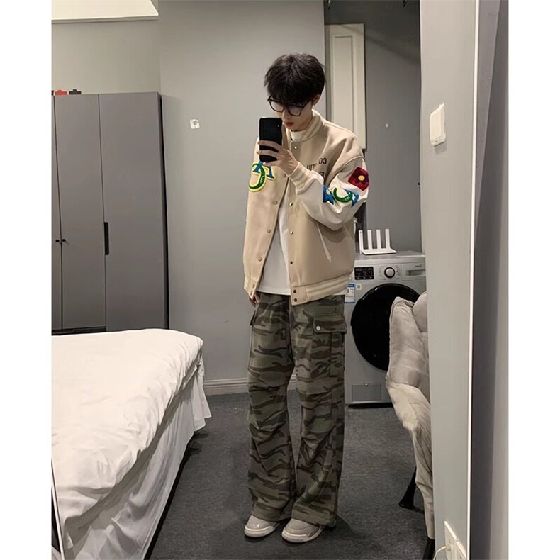 杏色毛呢拼接皮衣外套休闲彩虹碎花刺绣棒球服JK295特P50,男装皮衣,星座908-1