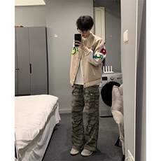 杏色毛呢拼接皮衣外套休闲彩虹碎花刺绣棒球服JK295特P50，男装皮衣，星座908-1