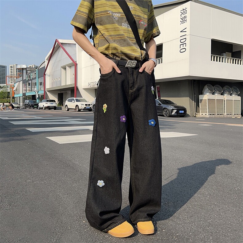 美式复古水洗花朵刺绣牛仔裤潮流新款宽松休闲直筒裤图片