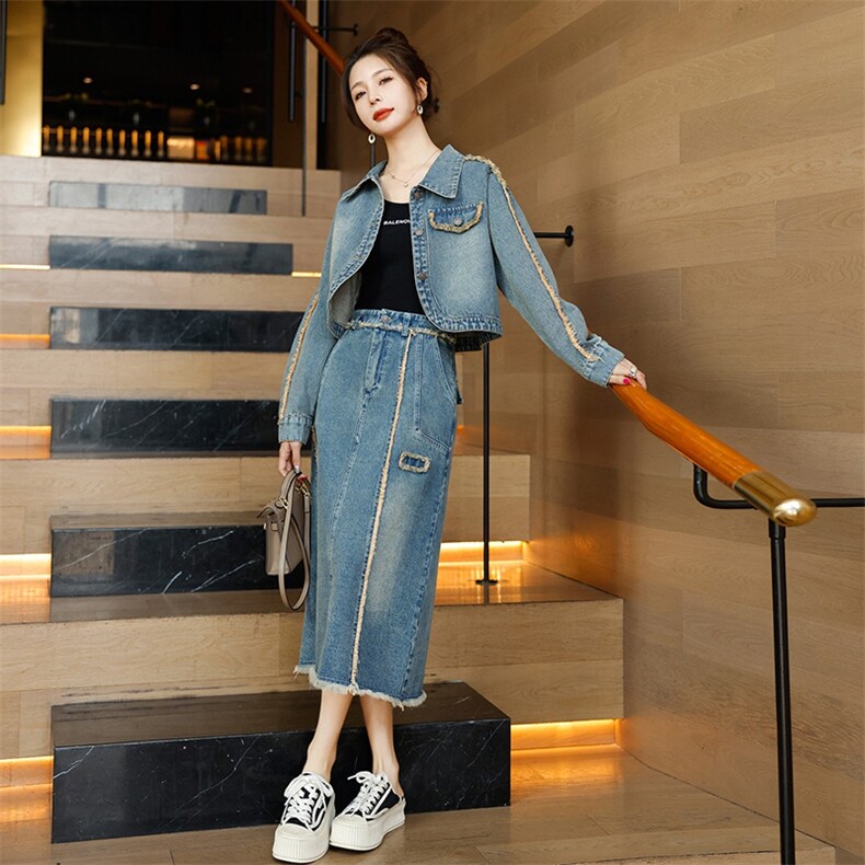 时尚春季牛仔套装裙女高腰显瘦气质两件套舒适百搭休闲风,女装套装/套裙,秋水欣儿