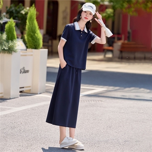 学院风翻领短袖A字半裙套装女2026夏季新款藏青色休闲质感两件套图片