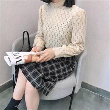 2021秋冬新款小花朵貂绒蕾丝衫上衣淑女半高领打底保暖小衫，女装蕾丝衫/雪纺衫，L·H·X