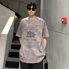 蜡染水洗短袖男圆领做旧美式夏季宽松T恤字母印花上衣T709-P28，男装T恤，电商C307A