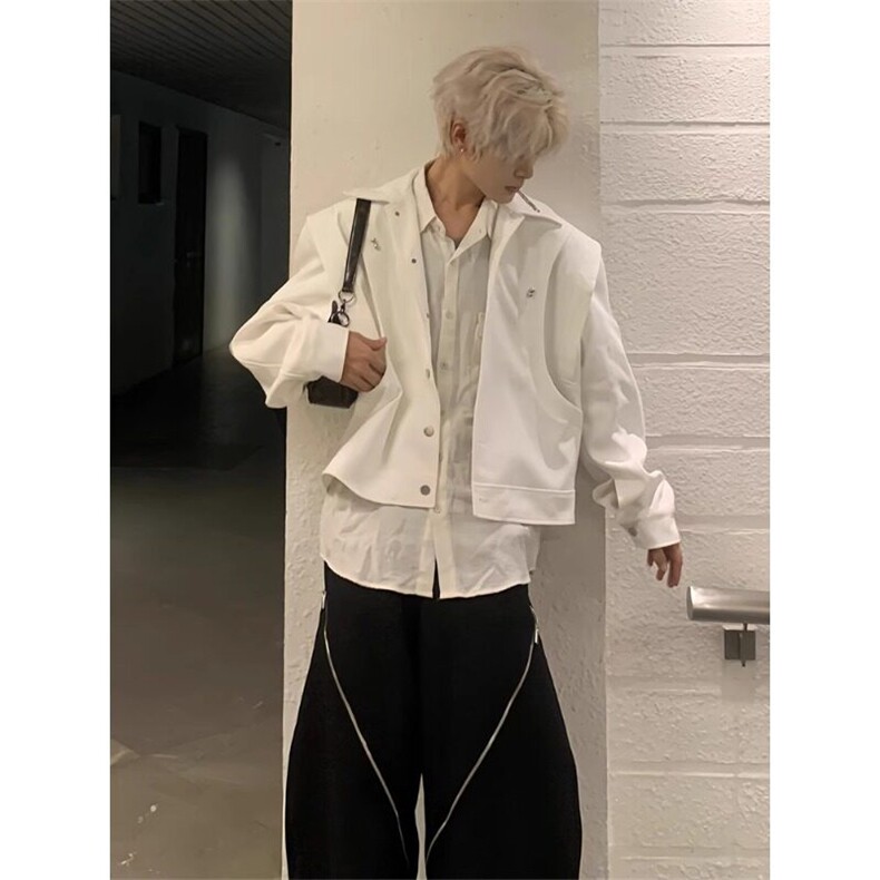 白色解构双层弯刀袖设计短款外套高级感痞帅夹克JK282特P82,男装夹克,星座908-1