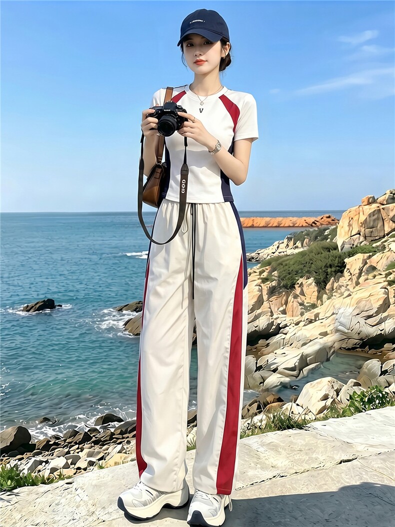 潮流时尚休闲运动套装女夏季新款显瘦竖纹圆领短袖上衣长裤两件套,女装套装/套裙,江南