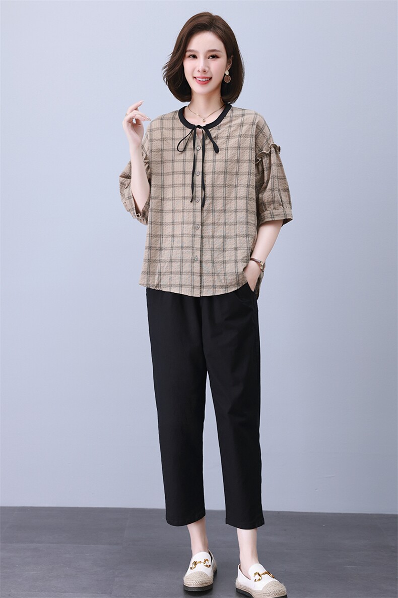 时尚休闲格子拼接套装女宽松显瘦抽绳设计两件套,女装套装/套裙,叶笙衣