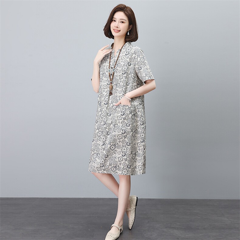 妈妈复古印花高端精致减龄连衣裙女士2026夏季宽松显瘦贵夫人裙子,女装连衣裙,依恋蒂丝
