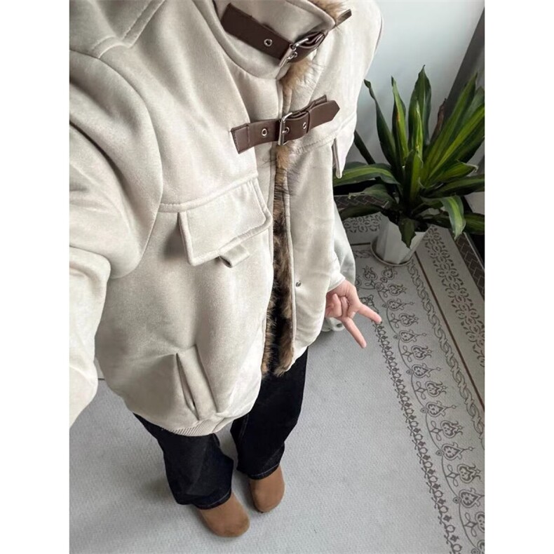 灰色座山雕羊羔毛外套棉服男女冬季加绒加厚保暖美式立领棉衣夹克图片