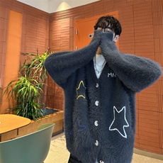 HY9867-P60秋冬季美式复古星星绣花开衫毛衣男潮流百搭上衣外套，男装针织衫/毛衣，电商C233