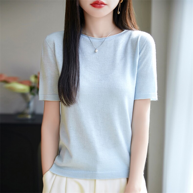 2025年夏季纺醋酸莱赛尔卷边圆领短袖女,女装T恤,美杜莎羊绒