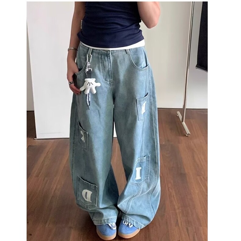 潮美式复古字母小标刺绣口袋弯刀装牛仔裤百搭裤NA6073-P55,男装牛仔裤,星座208-5