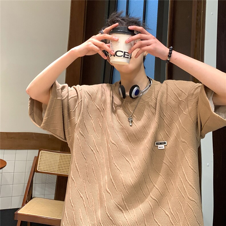 2026夏装圆领短袖潮牌T恤大码青少年五分半袖衫T8602/P25咖啡3,男装T恤,电商A094