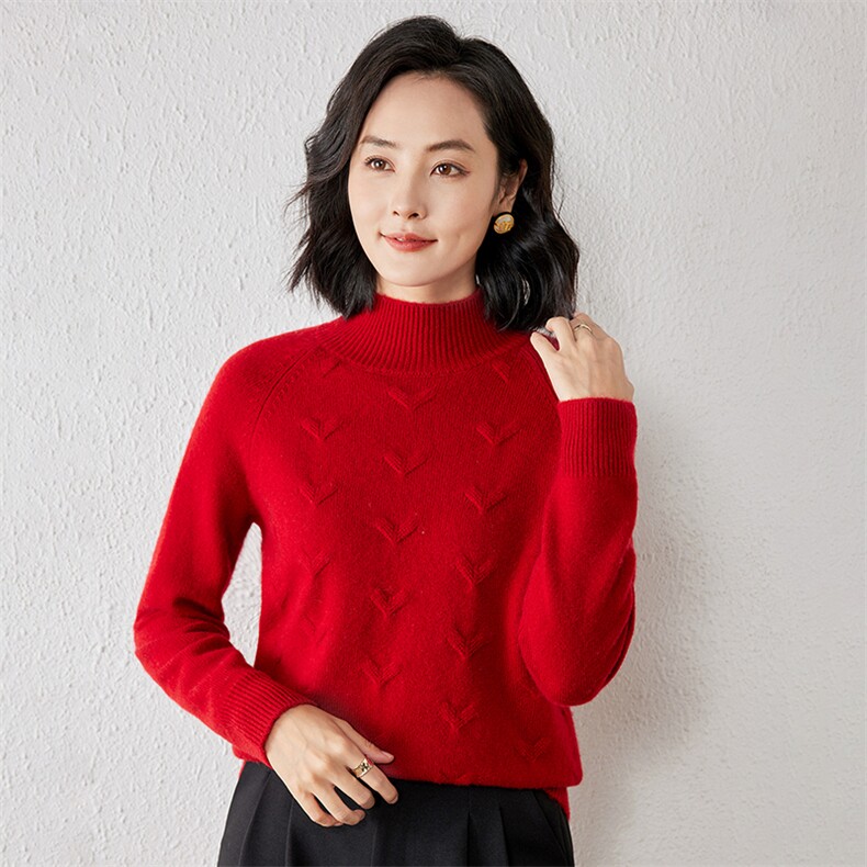2025年秋季新款百搭女士提花半高圆领套头衫,针织衫/毛衣,春贝羊绒