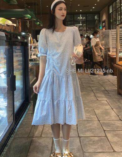 重空棉布提花抽皱连衣裙，女装连衣裙，奢米丽