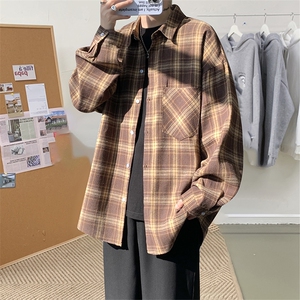 衬衫男秋季新款港风宽松大码磨毛格子长袖衬衣CS601-特P27图片