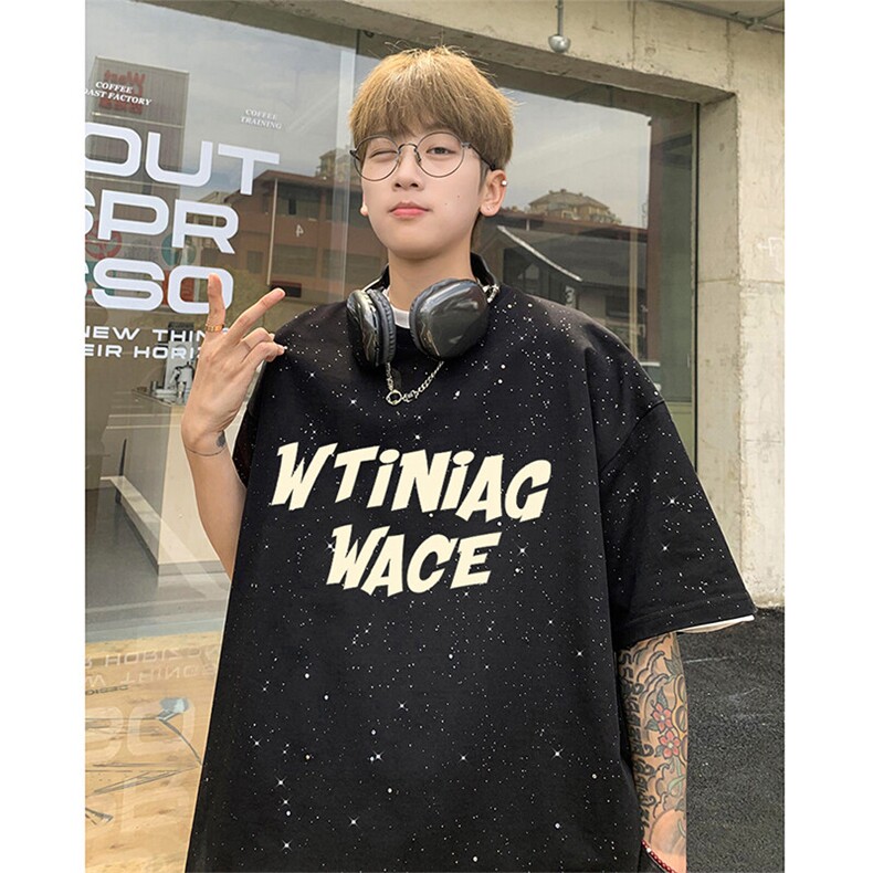 可48小时发货支持抖音得物来样二开美式满天星亮片短袖T恤MTX661,男装T恤,电商A486