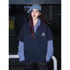 W130-P51美式复古拼接假两件衬衫男女春秋潮牌宽松情侣长袖，男装衬衫，电商B323A