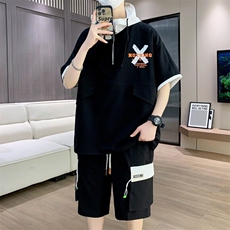 男士休闲套装夏季薄款连帽宽松短袖t恤一套日系短裤五分裤衣服潮，男装牛仔裤，星座218-1（原230）