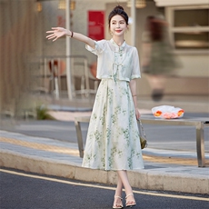 新中式印花吊带连衣裙女夏季新款优雅气质盘扣上衣，女装连衣裙，微微衣阁