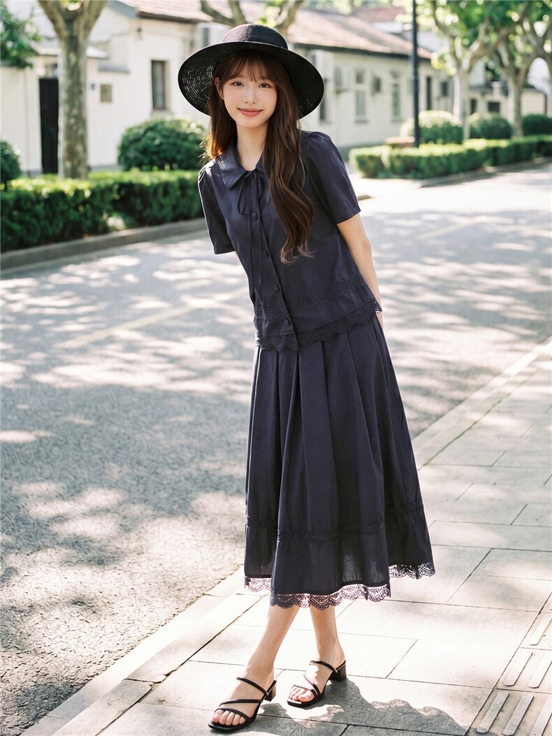 蕾丝拼接娃娃领系带上衣松紧腰半裙学院风套装女,女装套装/套裙,水衣源