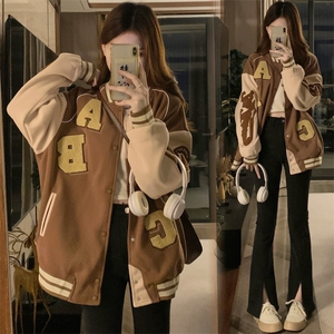字母刺绣美式复古棒球服女秋重磅情侣夹克宽松学生外套 C807-P110图片