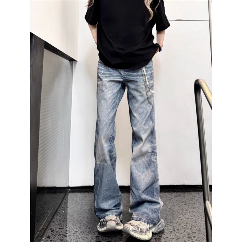 美式复古3D数码印花链条图案牛仔直筒裤男女街头休闲长裤图片