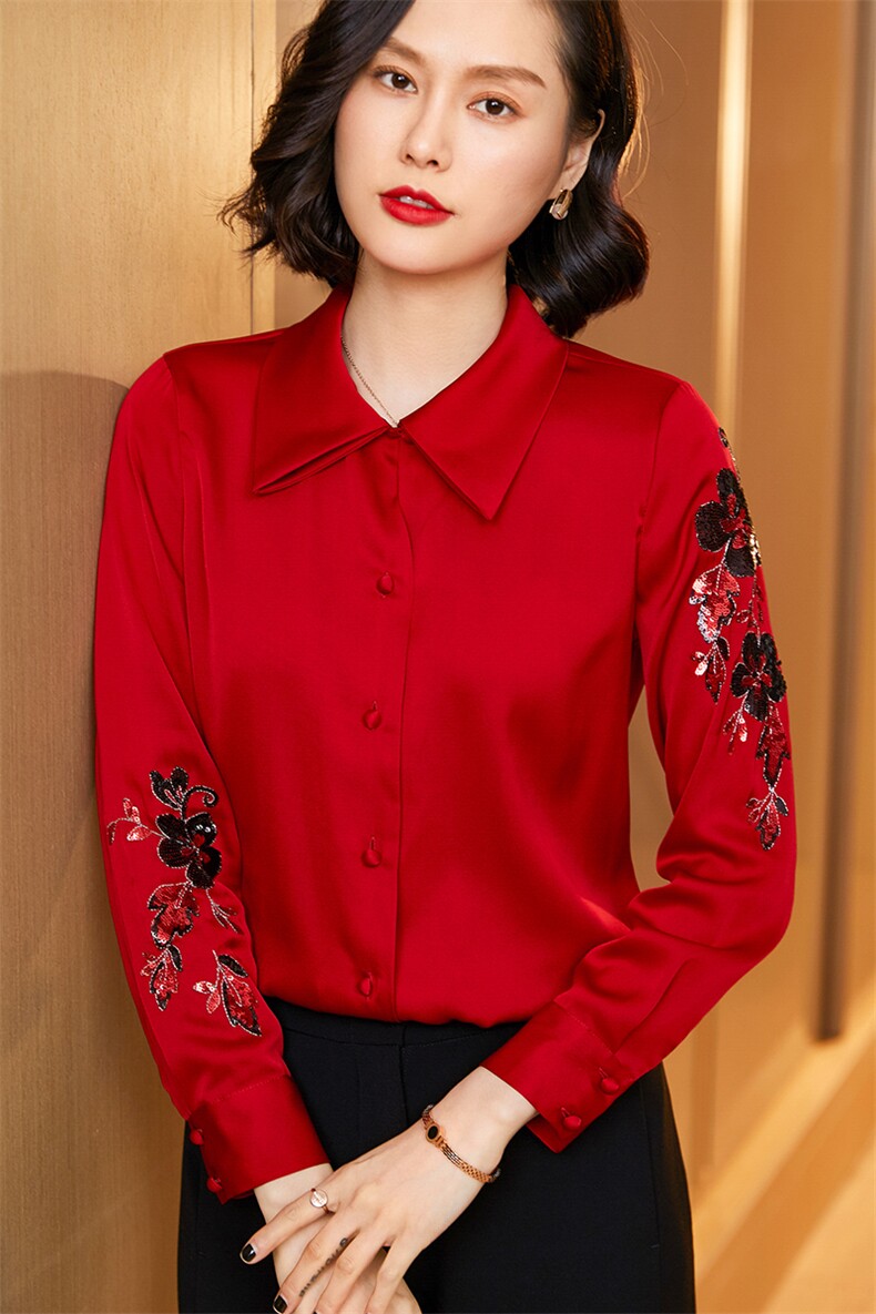 优雅红色真丝衬衫女长袖刺绣修身显瘦职业装上衣单排扣翻领衬衣,女装衬衫,宋氏羊绒