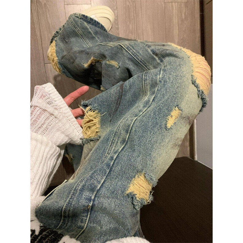 裤子高街潮牌黄泥染水洗破洞牛仔裤男复古街头阔腿长裤N003，男装牛仔裤，星座1116A（原606A-3）