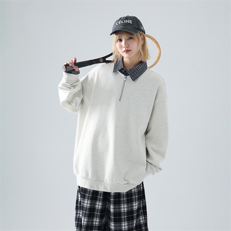 高克重格子条纹拉连V领时尚假两件拼接情侣卫衣XZ301AWY2508,男装卫衣,星座301A