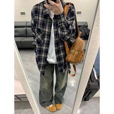 潮撞色格子衬衫男女款春秋季2025新款宽松休闲长袖百搭衬衣复古，男装衬衫，星座506A