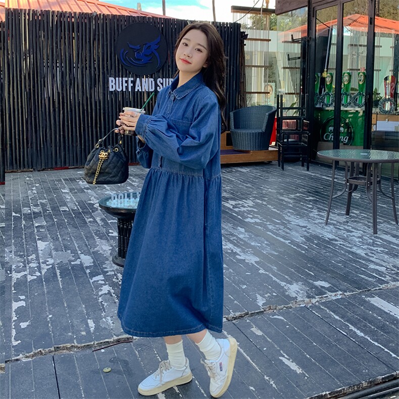 现货慵懒宽松牛仔连衣裙配领带,女装连衣裙,菡迪欧娜