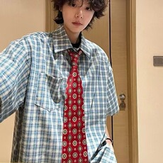 夏季2025新款美式格子短袖衬衫男款潮流帅气情侣宽松防晒衬衣外套，男装防晒衣，星座506A
