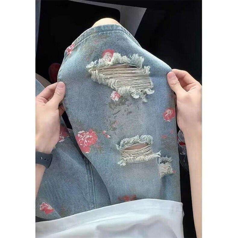 夏季玫瑰花破洞牛仔短裤男宽松五分裤街头痞帅风ND89,男装牛仔裤,星座1116A（原606A-3）