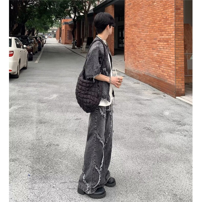2025美式新款小众扎染水洗做旧牛仔毛边拼接微喇牛仔裤毛边,男装牛仔裤,星座506A