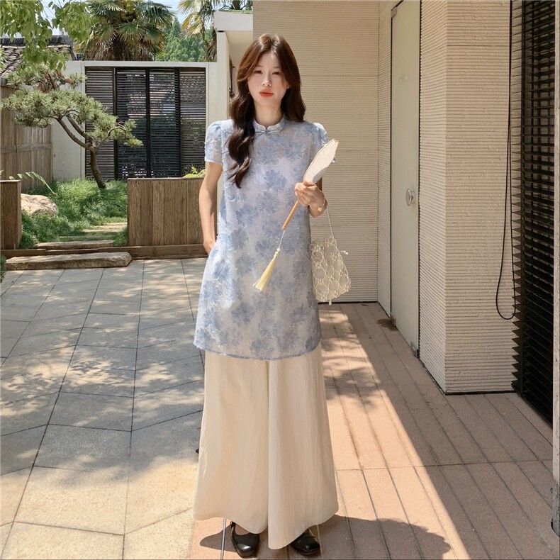 蓝色提花改良旗袍阔腿裤套装女夏大方得体高级感清冷感两件套超火，女装套装/套裙，2C135