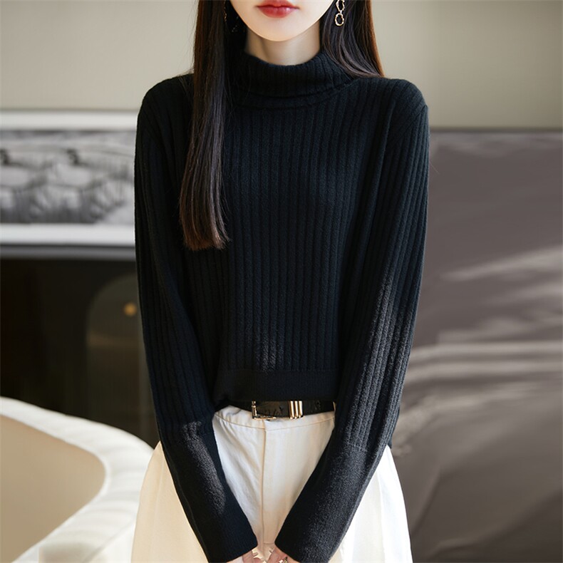 秋冬100%纯羊毛衫女高领加厚坑条针织毛衣宽松慵懒羊绒衫打底上衣,女装羊毛衫,朝思羊绒