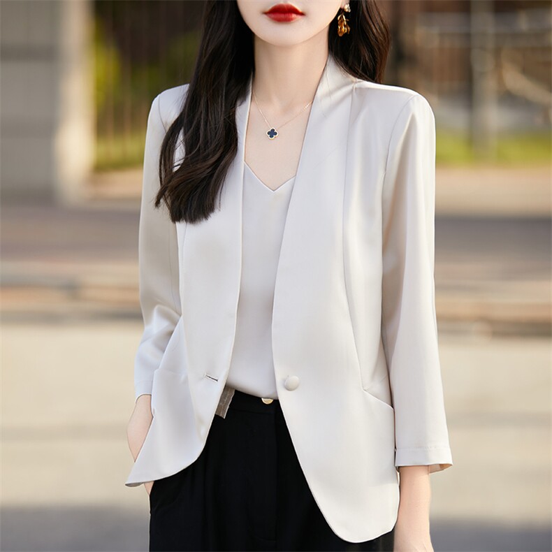 高级感醋酸缎面西装外套女小众设计薄款七分袖小个子外搭西服上衣,女装西装,朝贺羊绒