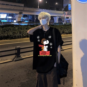 美式复古印花短袖T恤ins潮牌潮流小领口打底衫宽松七分袖
