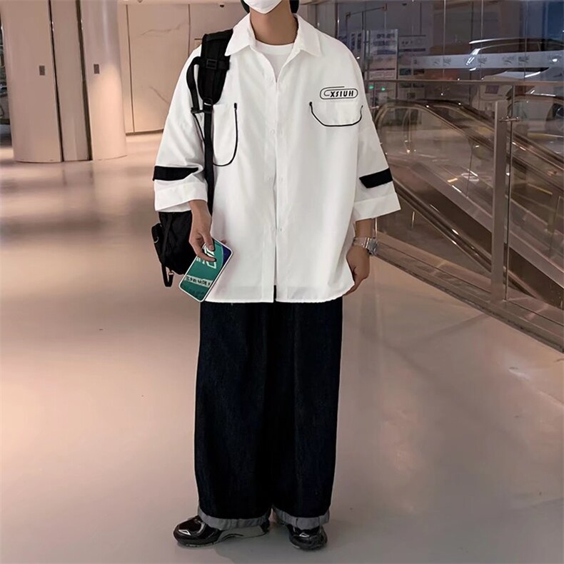 港风短袖衬衫男夏季潮牌痞帅气白色五分半袖上衣工装衬衣,男装衬衫,星座716-4