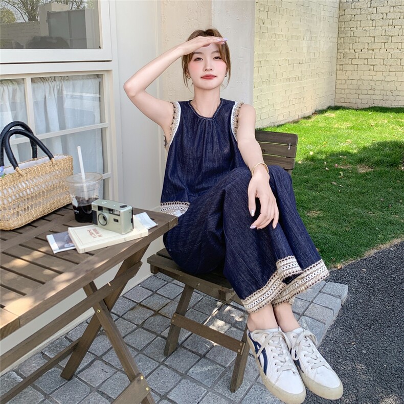 复古民族风牛仔套装女2025夏新款韩版显瘦设计感背心阔腿裤两件套,女装套装/套裙,2C098
