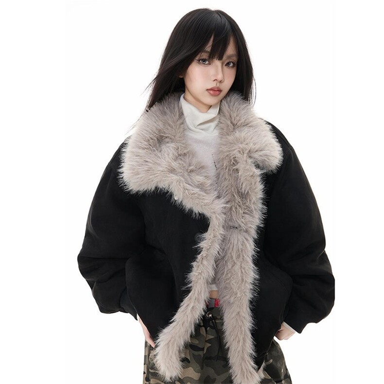 现货重磅硬挺boxy羽绒棉衣座山雕大毛毛领洗水麂皮棉服冬外套，男装棉衣，电商A486