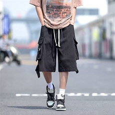 工装休闲短裤男港风潮流口袋帅百搭夏季红色2025五分裤K3773-P37，男装牛仔裤，星座412-2