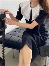 【DAVIDA】法式优雅拼色大翻领连衣裙，女装连衣裙，DAVIDA